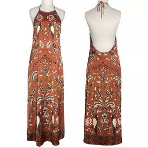 House of Harlow 1960 Bird Printed Halter Open Back Maxi Dress xs Brown Teal NWT